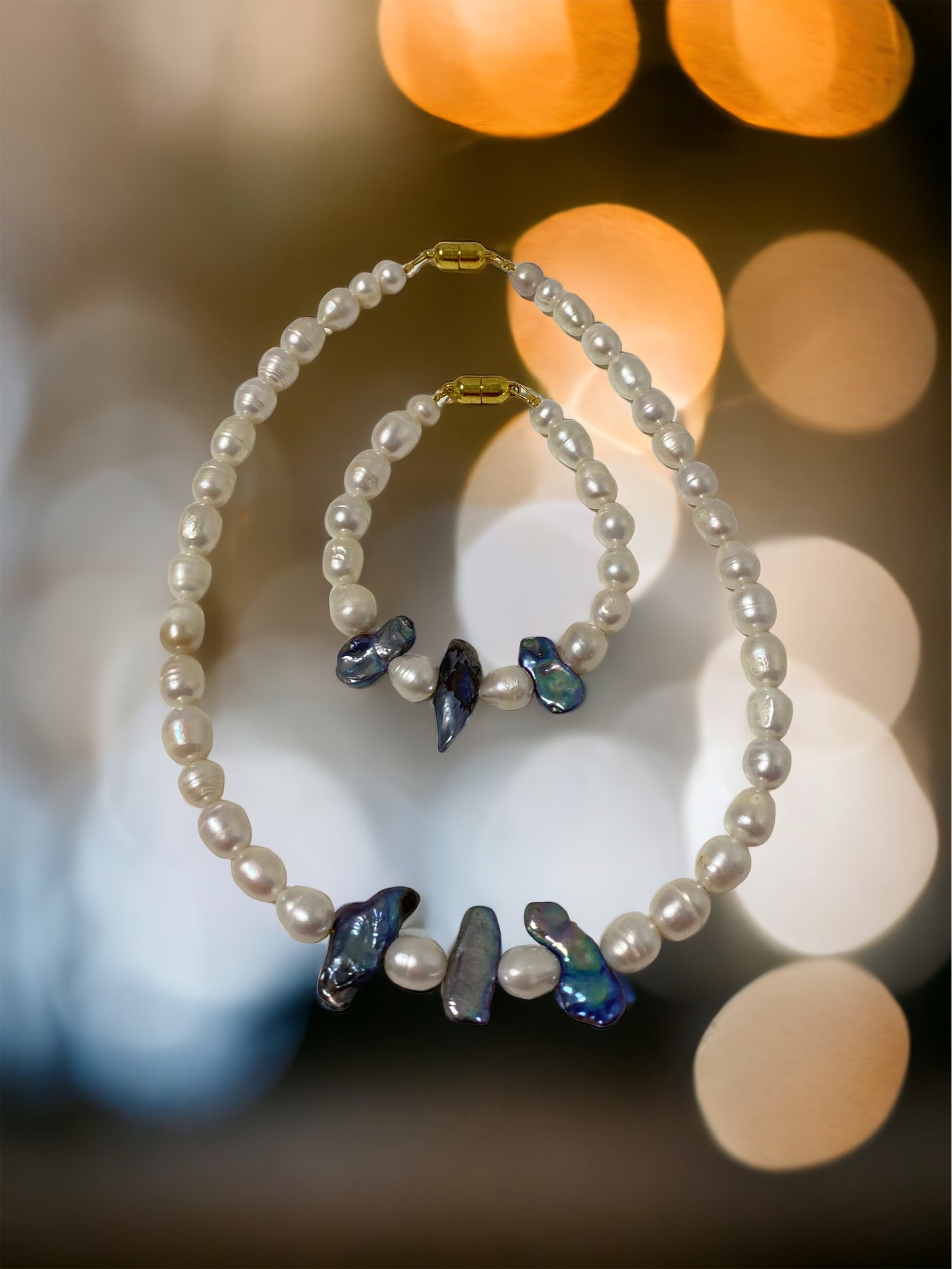 Schmuckset Halskette Perlenkette Perlenarmband weisse und blaue natürliche Süßwasserperlen