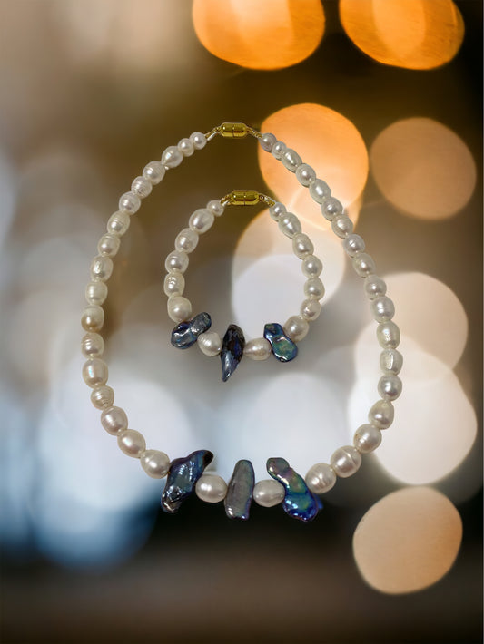 Schmuckset Halskette Perlenkette Perlenarmband weisse und blaue natürliche Süßwasserperlen