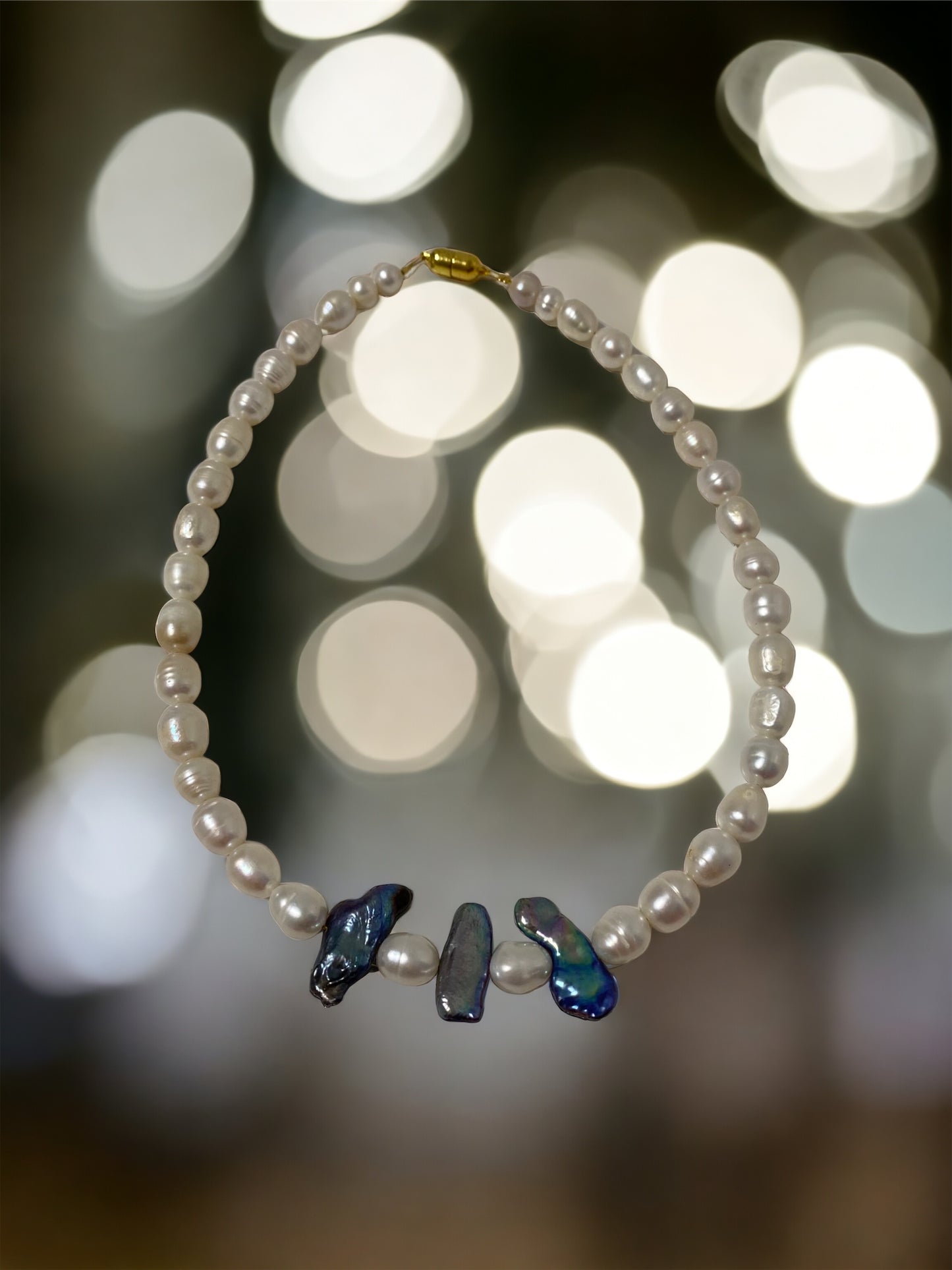 Schmuckset Halskette Perlenkette Perlenarmband weisse und blaue natürliche Süßwasserperlen