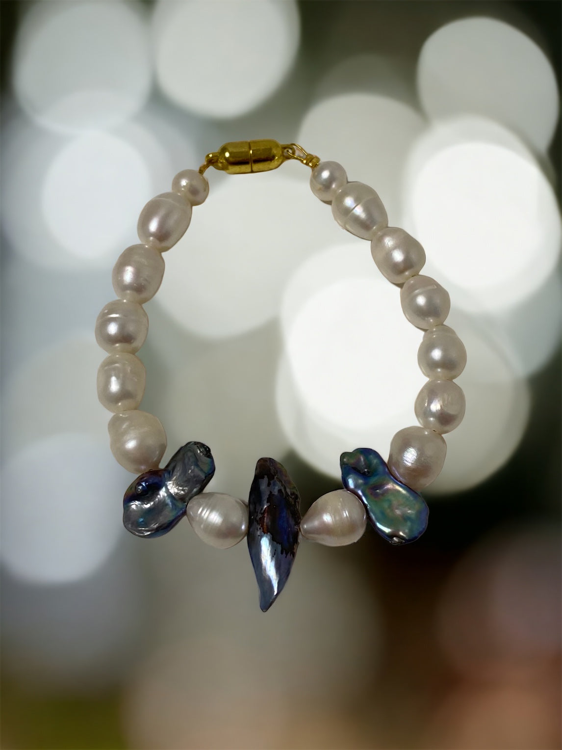 Schmuckset Halskette Perlenkette Perlenarmband weisse und blaue natürliche Süßwasserperlen